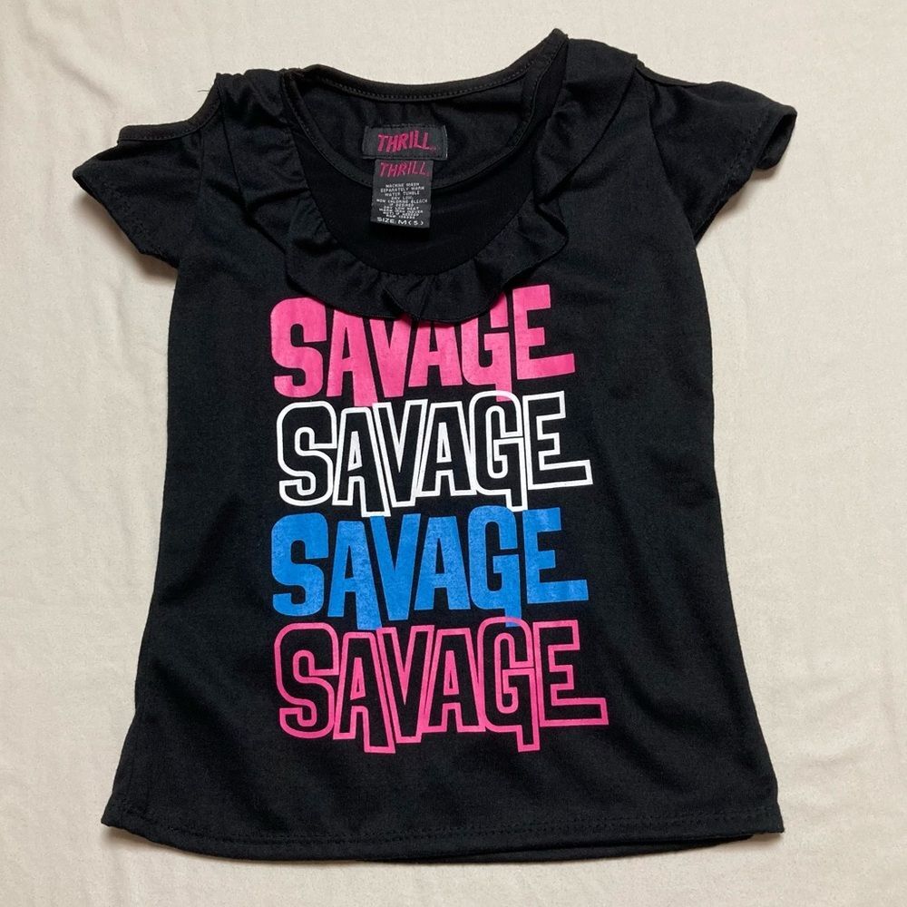🆕 Savage Shirt Girl’s Medium 5 Black Short Sleeve Tee Top Cold Shoulder Summer